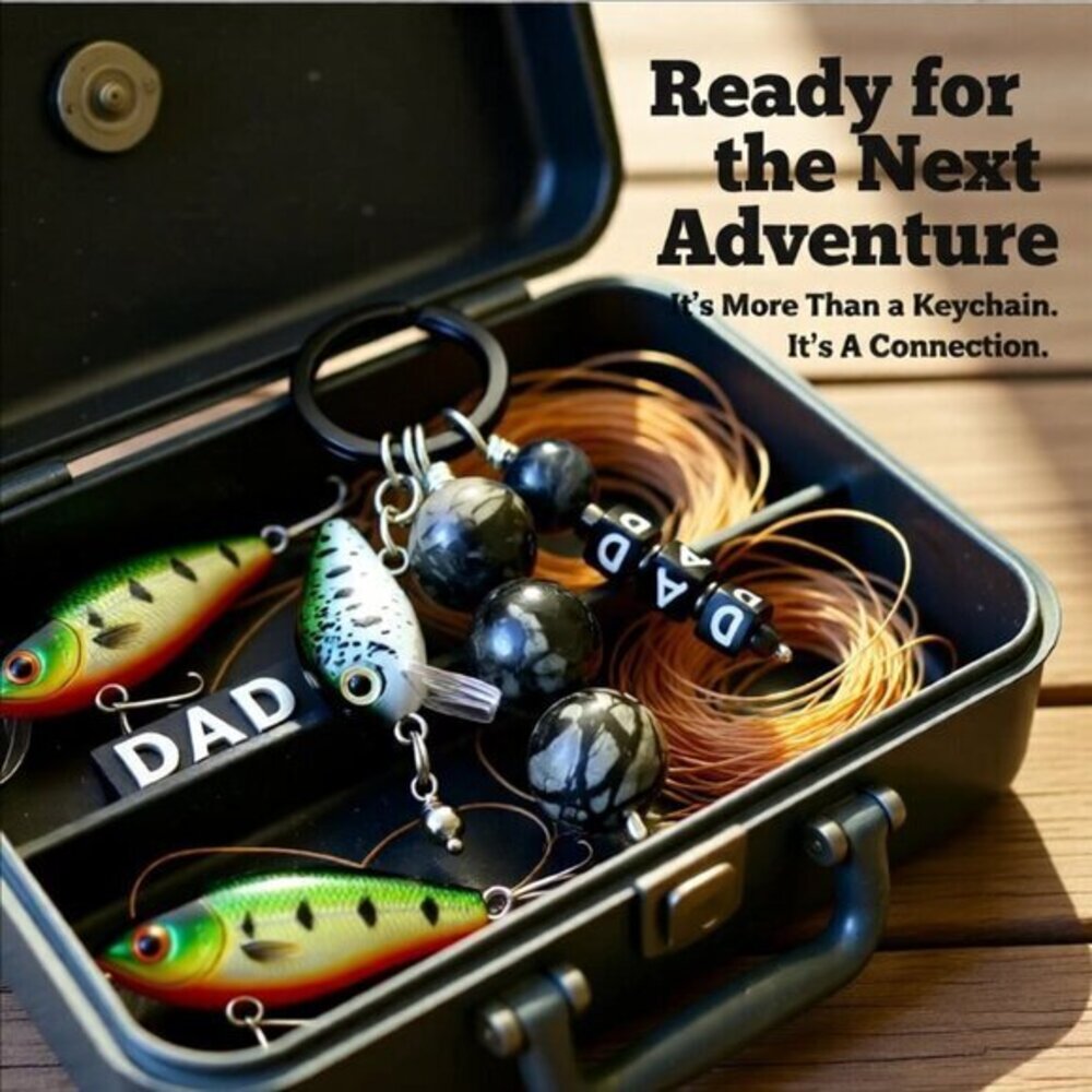 DAD! Personalized Fishing Lure Key Chain - Beaded Black + Gray Fish Key Ring